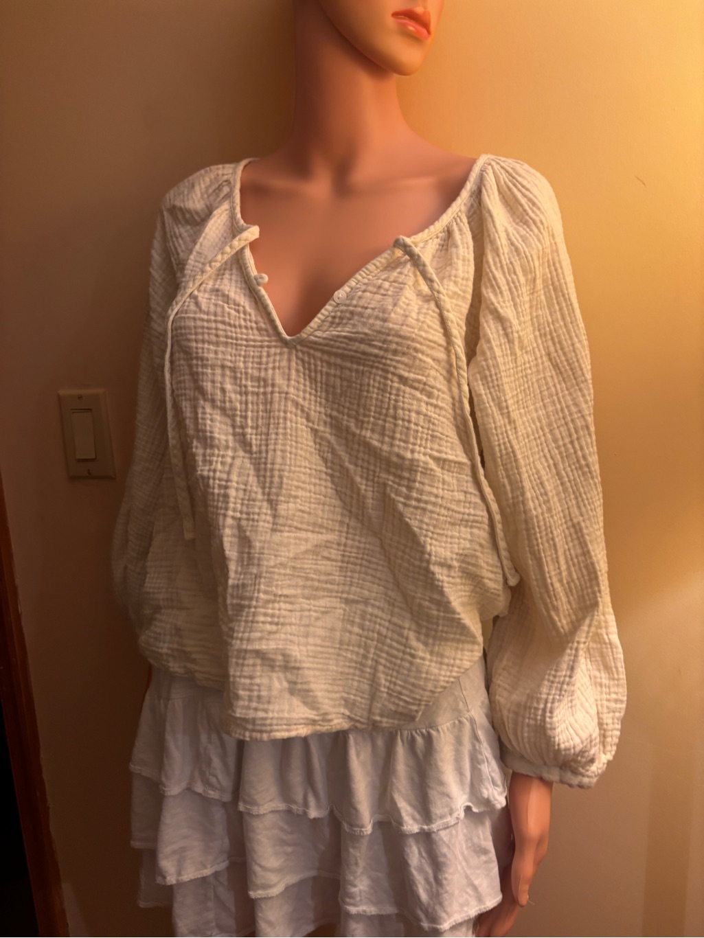 Universal Thread Cream Gauze Peasant Tunic With Tie Neck